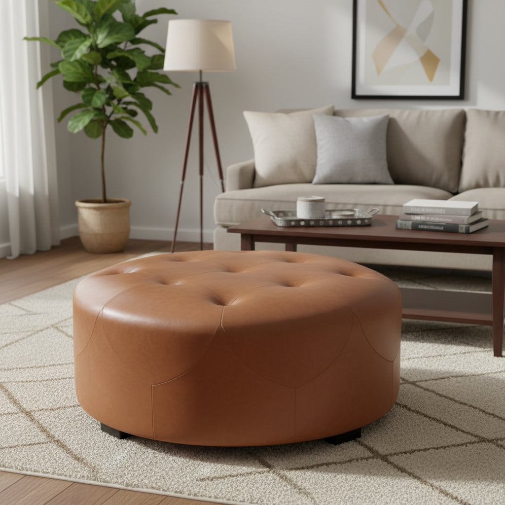 Christopher Knight Home Rafael Modern Button Tufted Faux Leather Round Ottoman, Light Brown