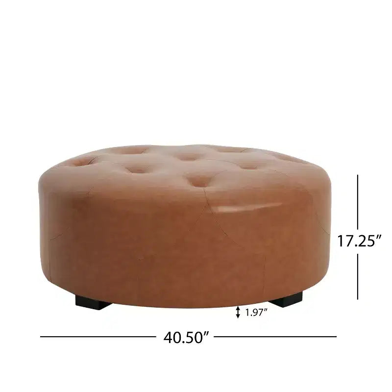Pouf rond moderne en similicuir capitonné, brun clair