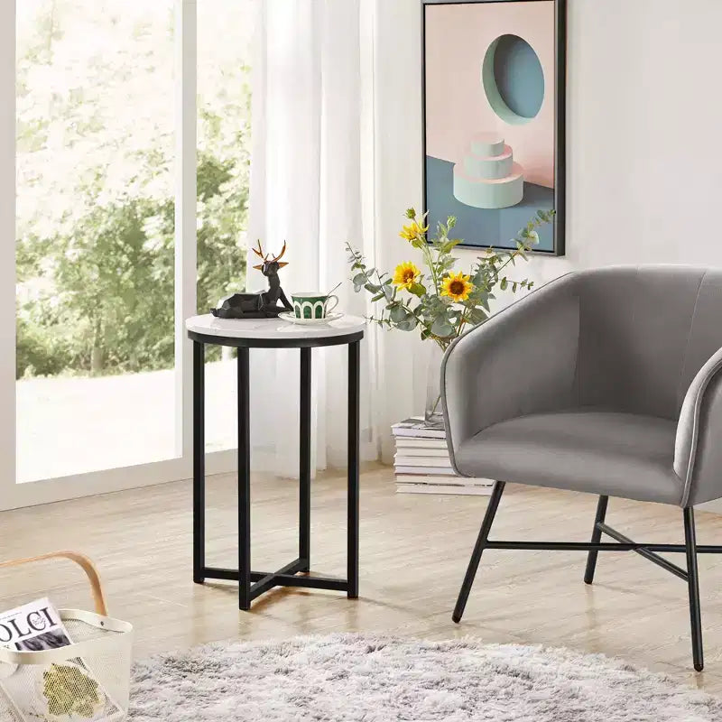 Table d'appoint moderne en X avec pieds en métal et plateau rond