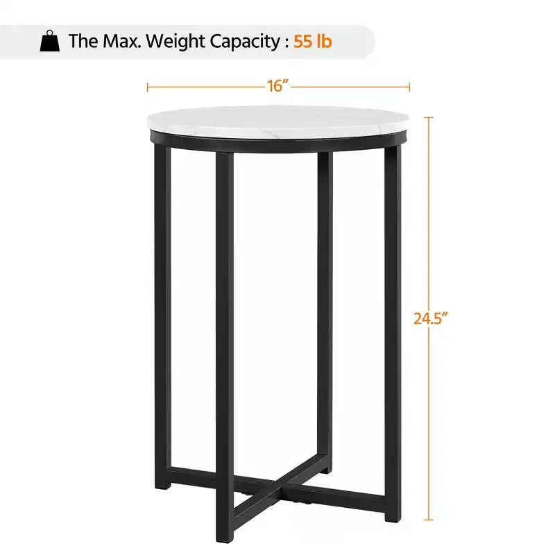 Table d'appoint moderne en X avec pieds en métal et plateau rond