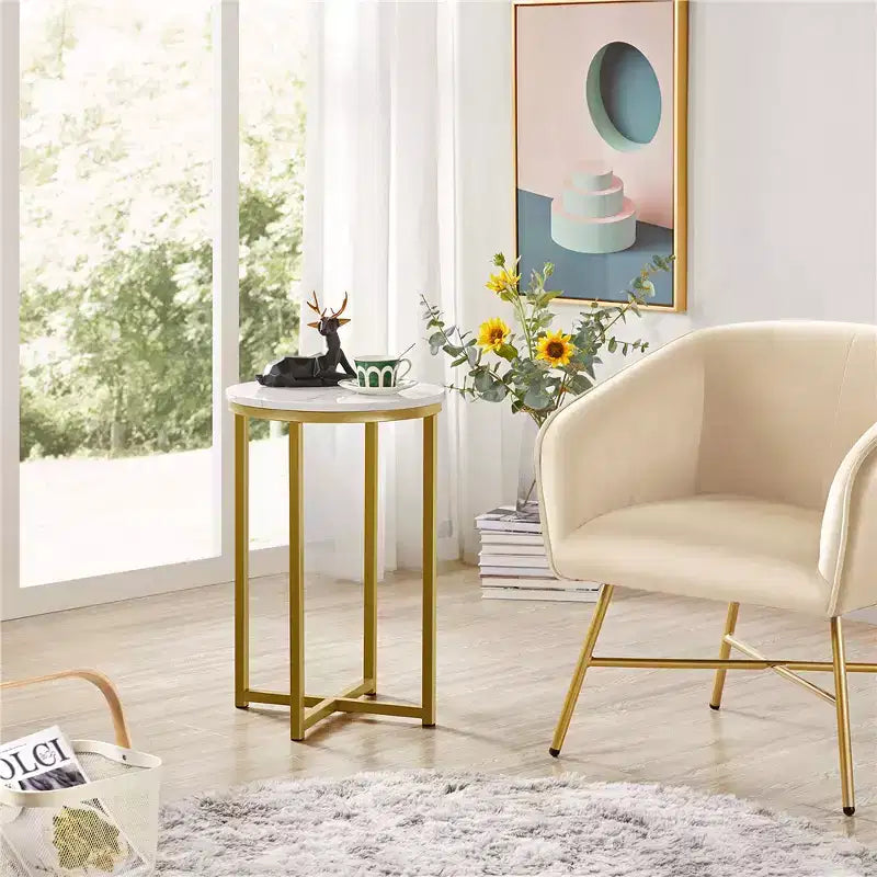 Table d'appoint moderne en X avec pieds en métal et plateau rond