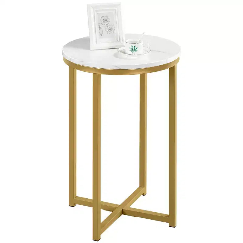 Table d'appoint moderne en X avec pieds en métal et plateau rond