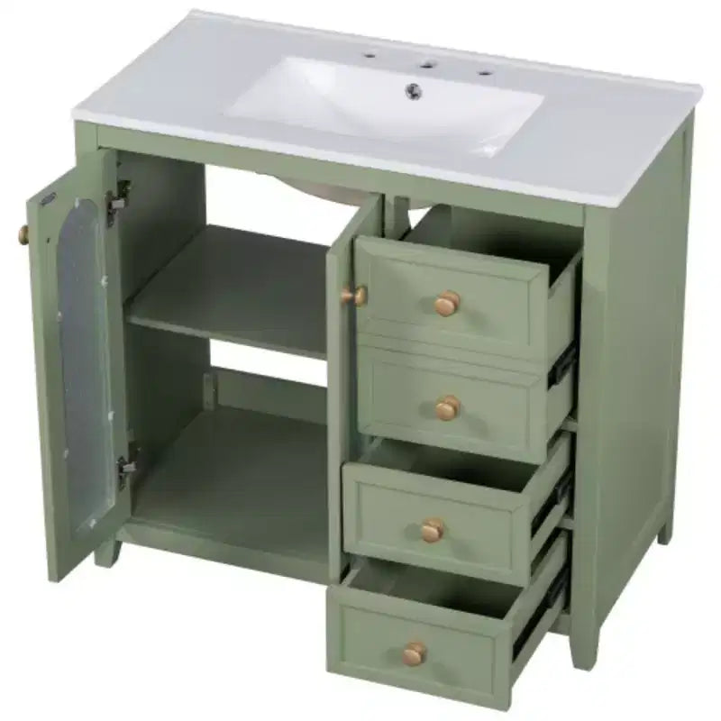 Meuble-lavabo de salle de bain de 91 cm avec deux portes à fermeture douce, des étagères réglables et trois tiroirs