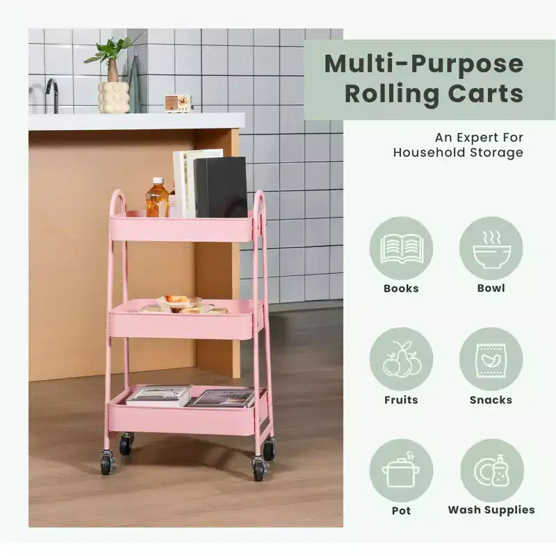 Chariot de rangement à roulettes à 3 niveaux, chariot de rangement mobile en métal de qualité supérieure avec roues verrouillables, organiseur ultime pour chaque pièce de la maison