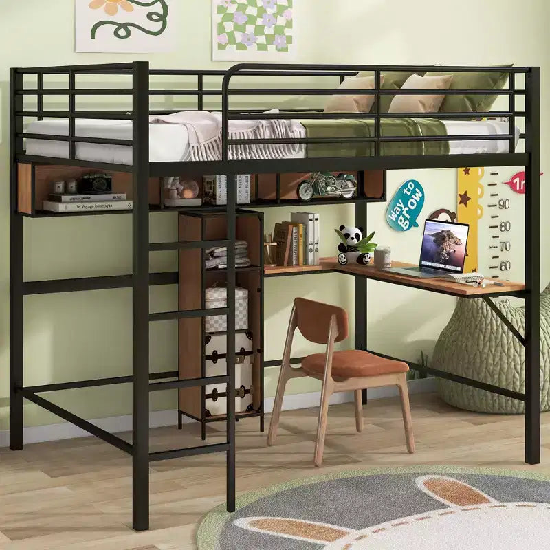 Full Size Loft Bed with L-Shaped Desk and Shelves, Metal & Wood Loft Bed Frame, Black and Brown - ModernLuxe