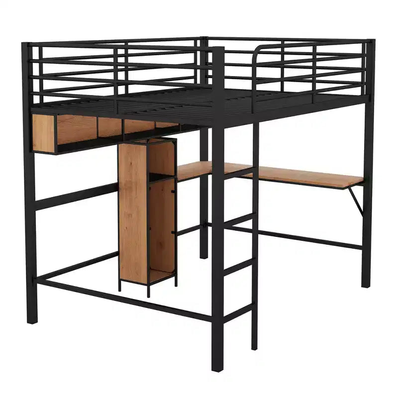 Lit mezzanine double avec bureau en L et étagères, cadre de lit mezzanine en métal et bois, noir et marron