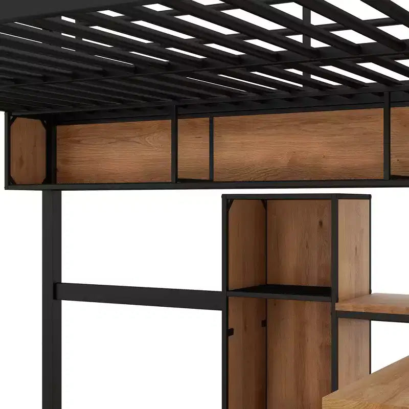 Lit mezzanine double avec bureau en L et étagères, cadre de lit mezzanine en métal et bois, noir et marron