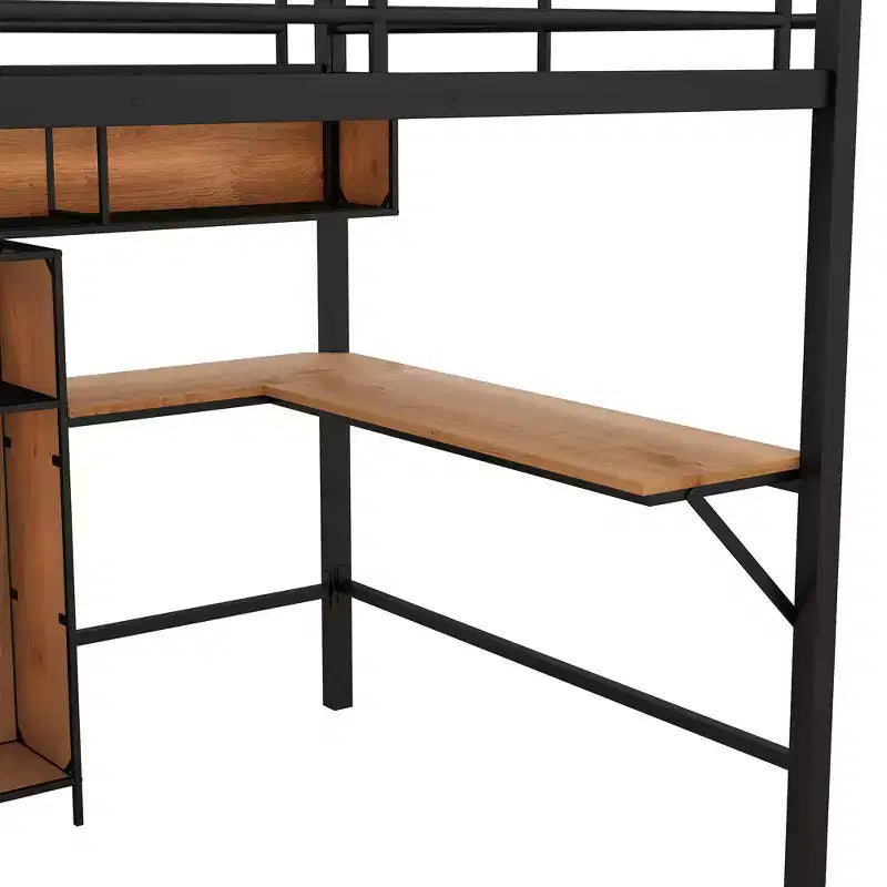 Lit mezzanine double avec bureau en L et étagères, cadre de lit mezzanine en métal et bois, noir et marron