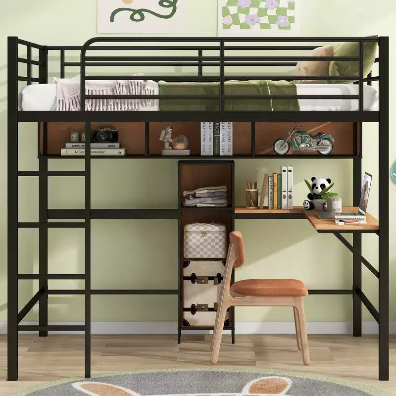Lit mezzanine double avec bureau en L et étagères, cadre de lit mezzanine en métal et bois, noir et marron