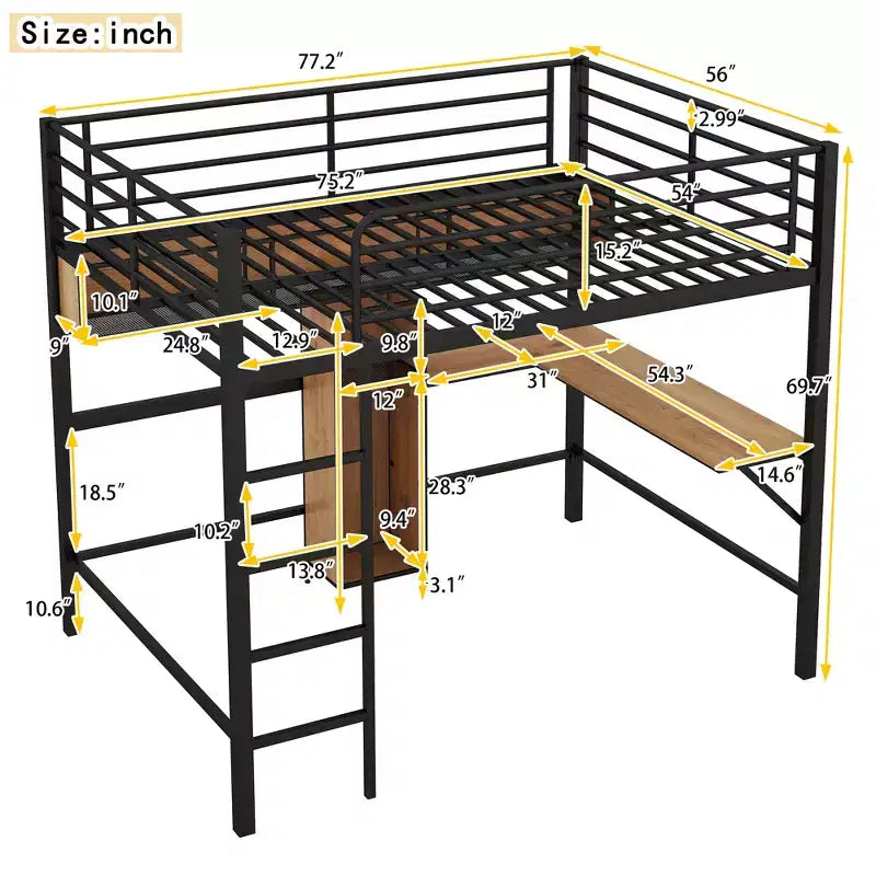Lit mezzanine double avec bureau en L et étagères, cadre de lit mezzanine en métal et bois, noir et marron