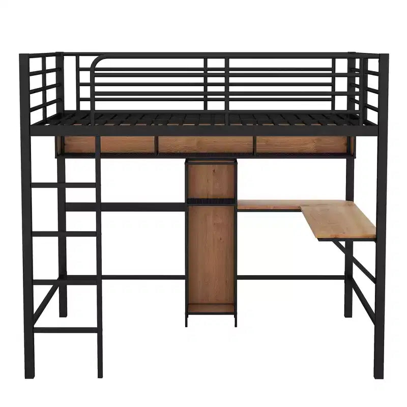 Lit mezzanine double avec bureau en L et étagères, cadre de lit mezzanine en métal et bois, noir et marron