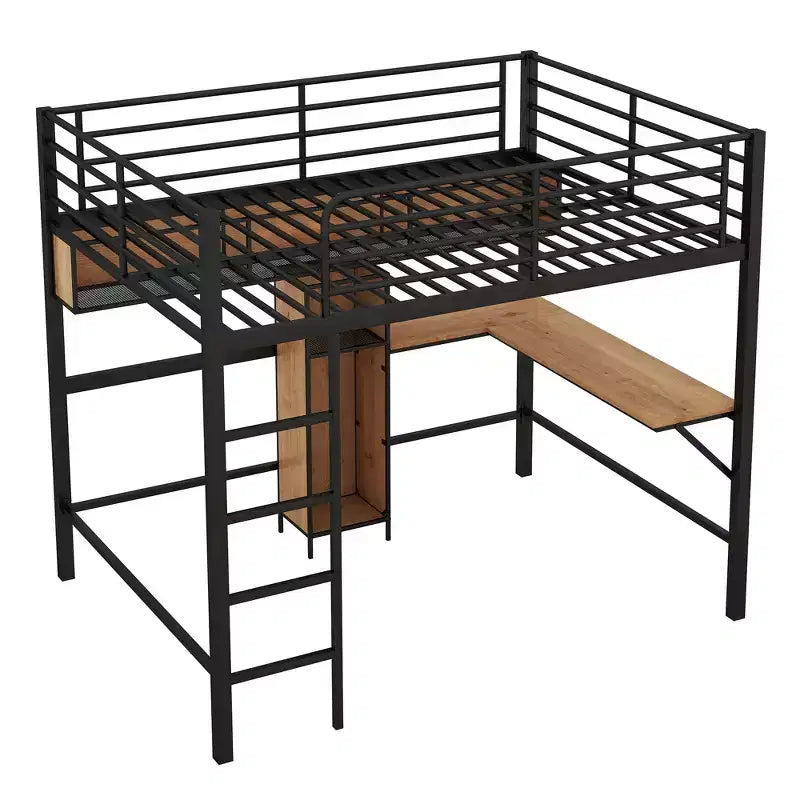 Lit mezzanine double avec bureau en L et étagères, cadre de lit mezzanine en métal et bois, noir et marron