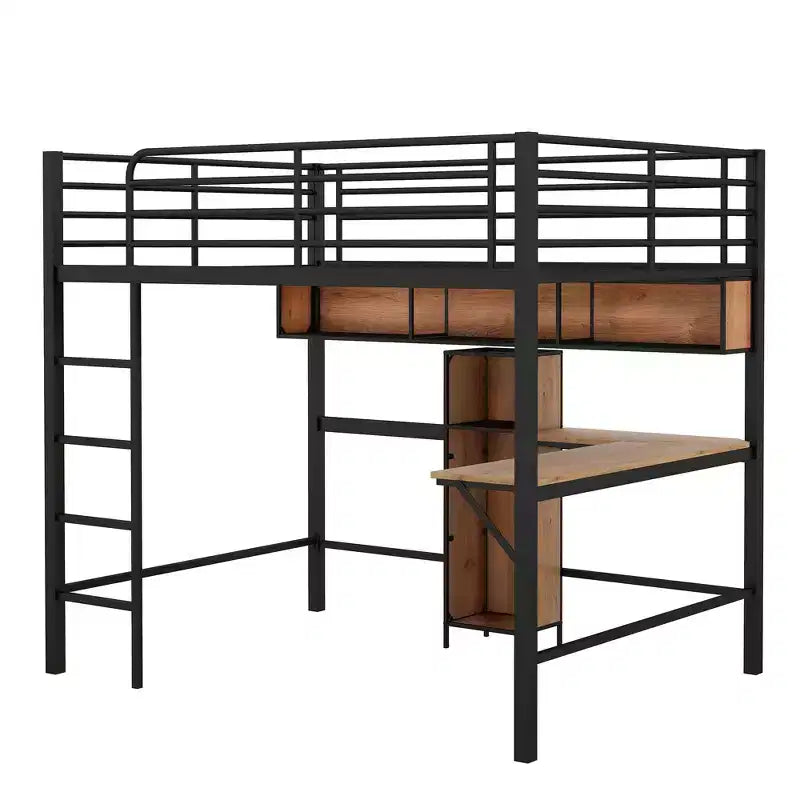 Lit mezzanine double avec bureau en L et étagères, cadre de lit mezzanine en métal et bois, noir et marron
