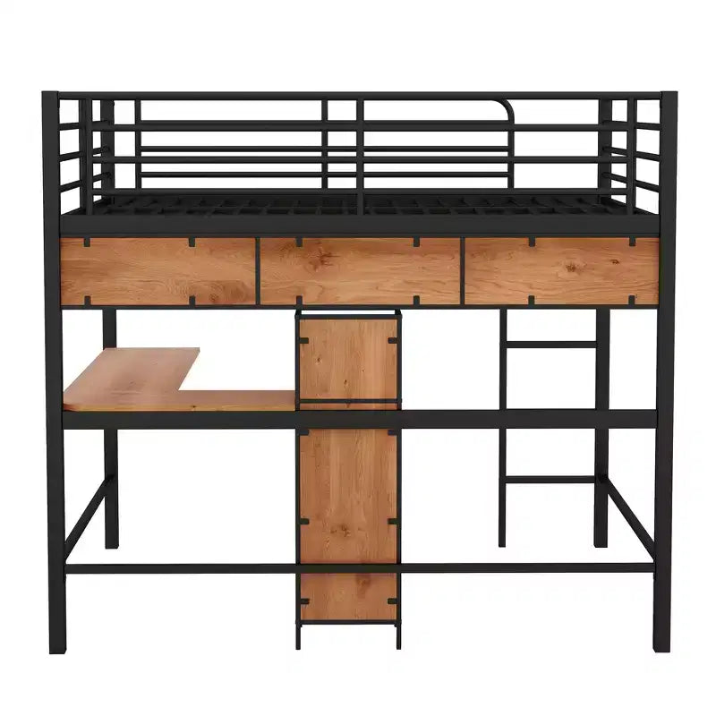 Lit mezzanine double avec bureau en L et étagères, cadre de lit mezzanine en métal et bois, noir et marron