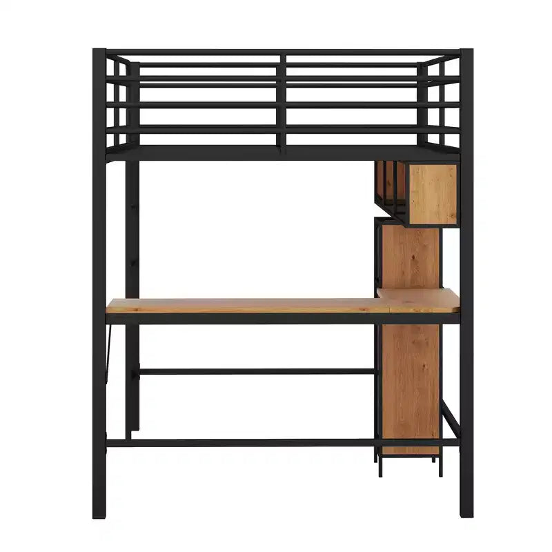 Lit mezzanine double avec bureau en L et étagères, cadre de lit mezzanine en métal et bois, noir et marron