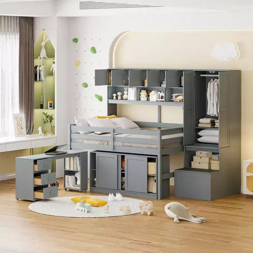 Lit mezzanine moderne 108,2 L x 42 l avec armoire, bureau, tiroirs et étagères