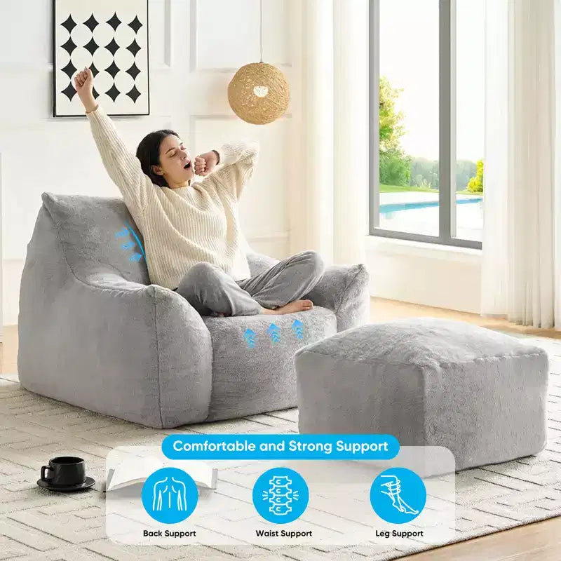 Pouf géant moderne, en similicuir de lapin, avec repose-pieds