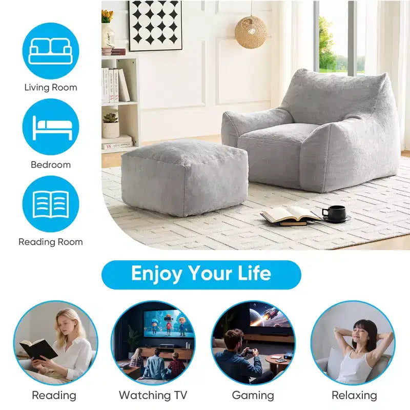 Pouf géant moderne, en similicuir de lapin, avec repose-pieds
