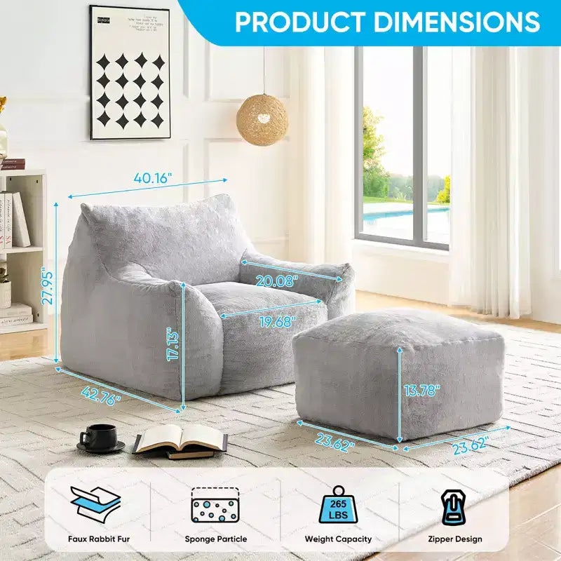Pouf géant moderne, en similicuir de lapin, avec repose-pieds