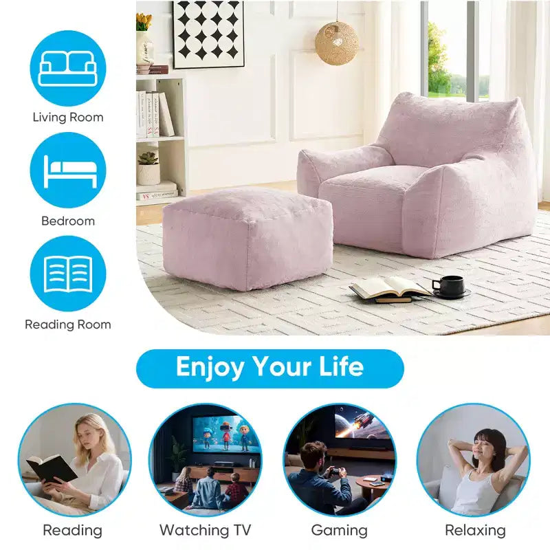 Pouf géant moderne, en similicuir de lapin, avec repose-pieds