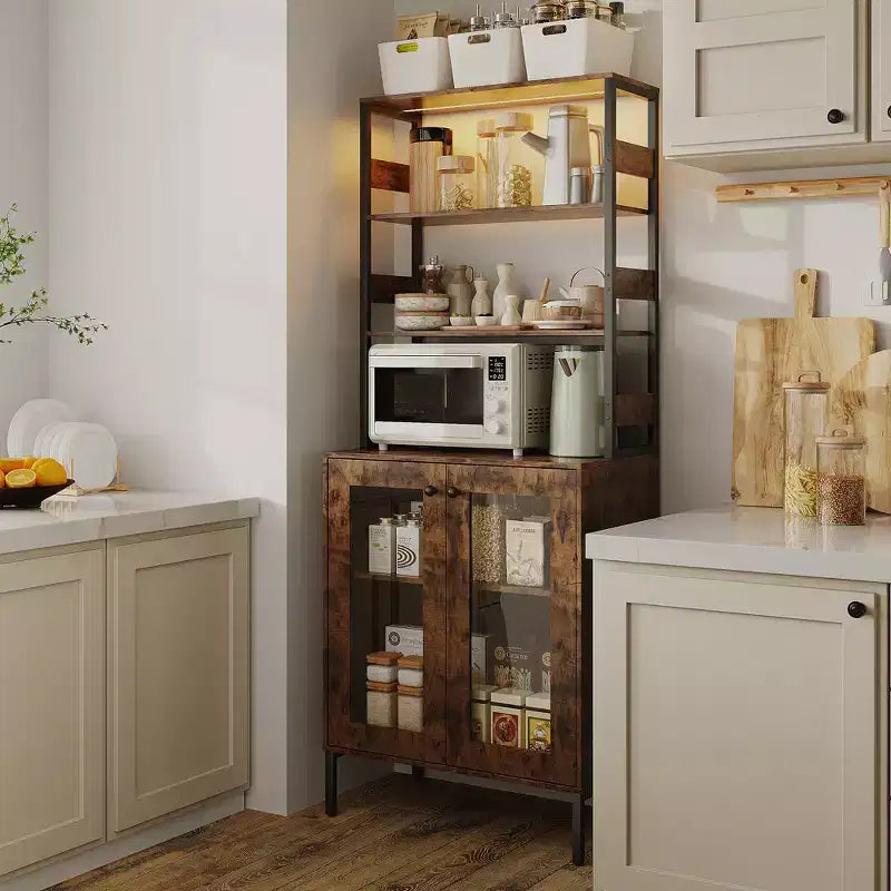 66.9 Meuble de cuisine avec prise, armoire de rangement de garde-manger avec lumières LED, desserte de bar avec porte vitrée pour salle à manger, salon