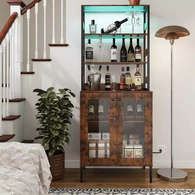 66.9 Meuble de cuisine avec prise, armoire de rangement de garde-manger avec lumières LED, desserte de bar avec porte vitrée pour salle à manger, salon