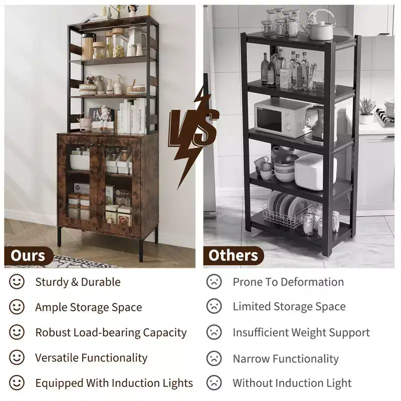 66.9 Meuble de cuisine avec prise, armoire de rangement de garde-manger avec lumières LED, desserte de bar avec porte vitrée pour salle à manger, salon