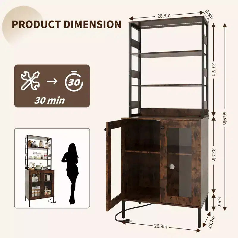 66.9 Meuble de cuisine avec prise, armoire de rangement de garde-manger avec lumières LED, desserte de bar avec porte vitrée pour salle à manger, salon