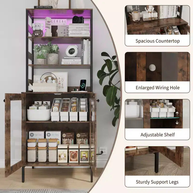 66.9 Meuble de cuisine avec prise, armoire de rangement de garde-manger avec lumières LED, desserte de bar avec porte vitrée pour salle à manger, salon
