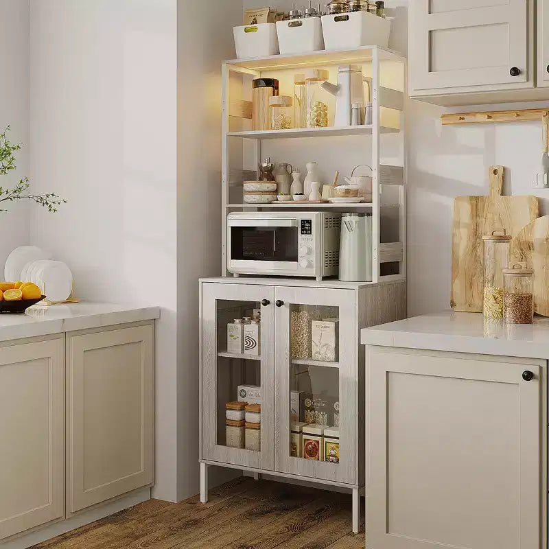 66.9 Meuble de cuisine avec prise, armoire de rangement de garde-manger avec lumières LED, desserte de bar avec porte vitrée pour salle à manger, salon