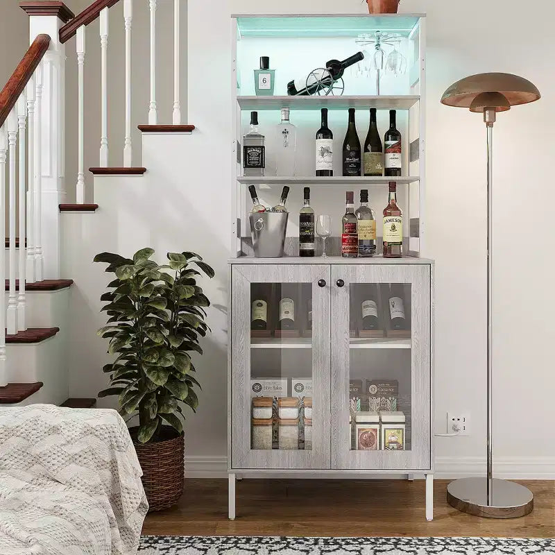 66.9 Meuble de cuisine avec prise, armoire de rangement de garde-manger avec lumières LED, desserte de bar avec porte vitrée pour salle à manger, salon