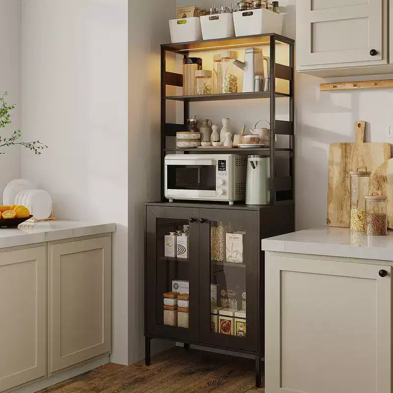 66.9 Meuble de cuisine avec prise, armoire de rangement de garde-manger avec lumières LED, desserte de bar avec porte vitrée pour salle à manger, salon