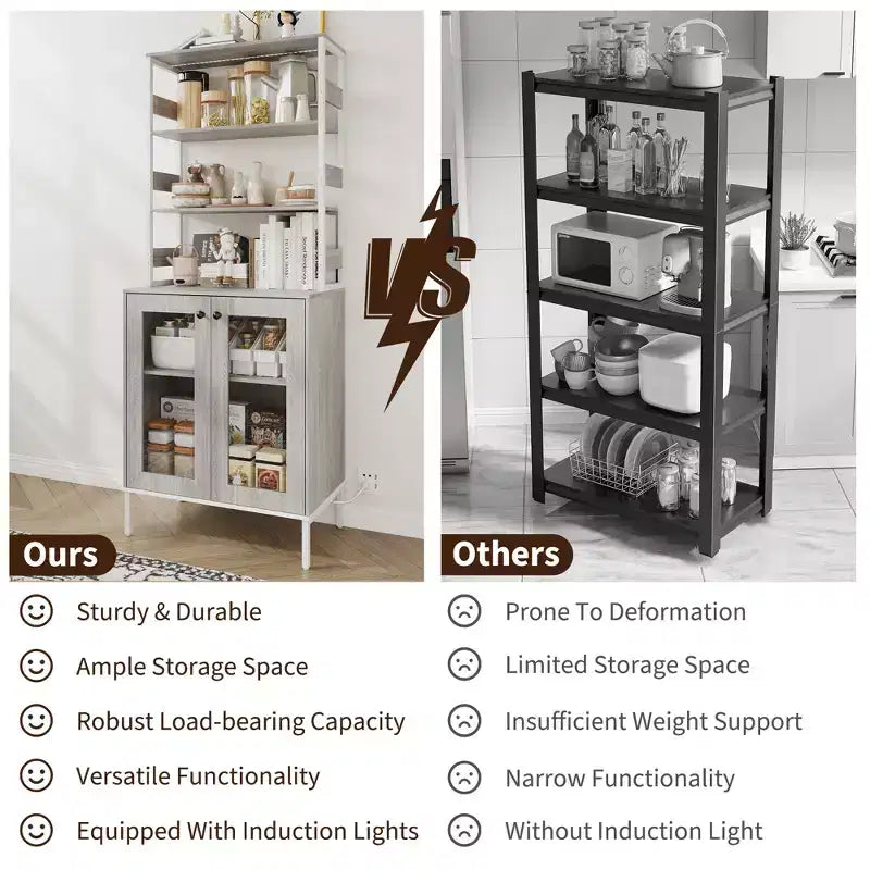 66.9 Meuble de cuisine avec prise, armoire de rangement de garde-manger avec lumières LED, desserte de bar avec porte vitrée pour salle à manger, salon