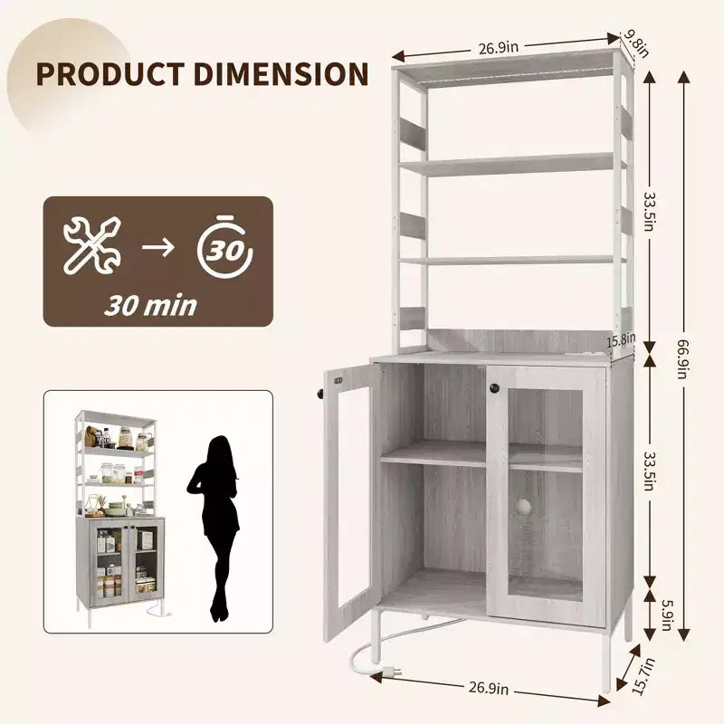 66.9 Meuble de cuisine avec prise, armoire de rangement de garde-manger avec lumières LED, desserte de bar avec porte vitrée pour salle à manger, salon