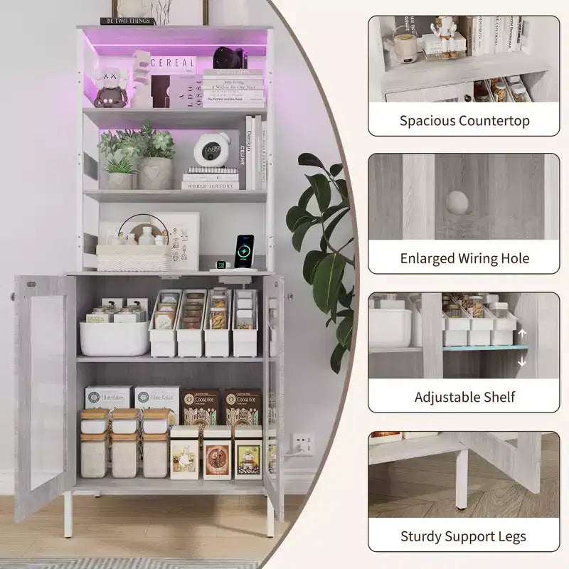 66.9 Meuble de cuisine avec prise, armoire de rangement de garde-manger avec lumières LED, desserte de bar avec porte vitrée pour salle à manger, salon