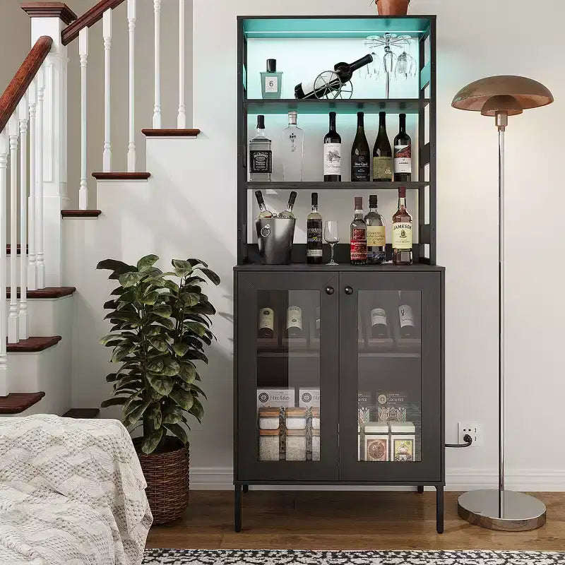 66.9 Meuble de cuisine avec prise, armoire de rangement de garde-manger avec lumières LED, desserte de bar avec porte vitrée pour salle à manger, salon