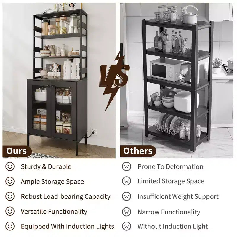 66.9 Meuble de cuisine avec prise, armoire de rangement de garde-manger avec lumières LED, desserte de bar avec porte vitrée pour salle à manger, salon