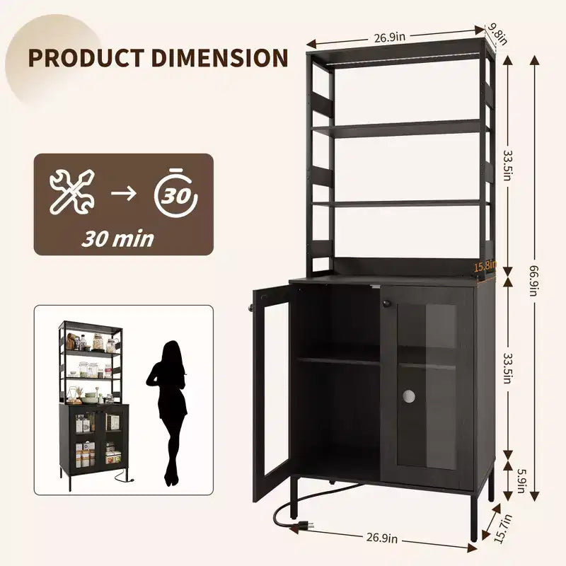 66.9 Meuble de cuisine avec prise, armoire de rangement de garde-manger avec lumières LED, desserte de bar avec porte vitrée pour salle à manger, salon