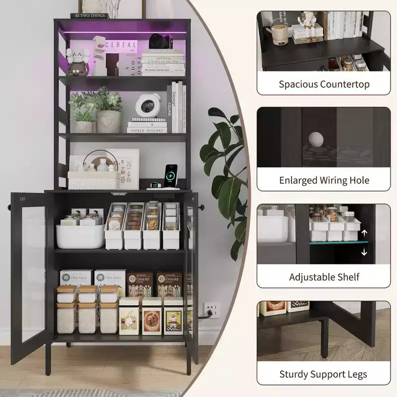 66.9 Meuble de cuisine avec prise, armoire de rangement de garde-manger avec lumières LED, desserte de bar avec porte vitrée pour salle à manger, salon