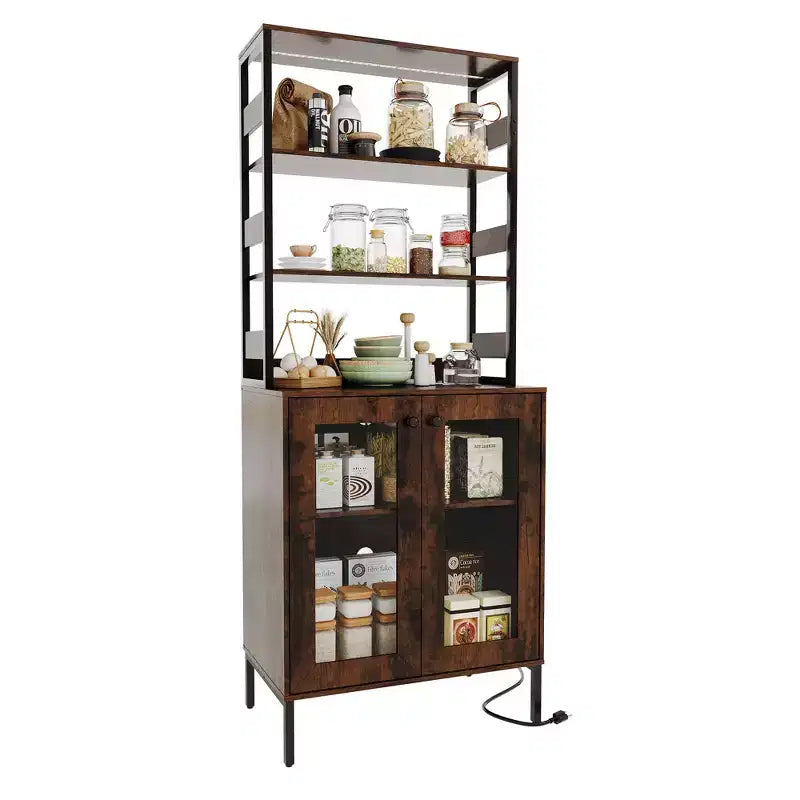 66.9 Meuble de cuisine avec prise, armoire de rangement de garde-manger avec lumières LED, desserte de bar avec porte vitrée pour salle à manger, salon
