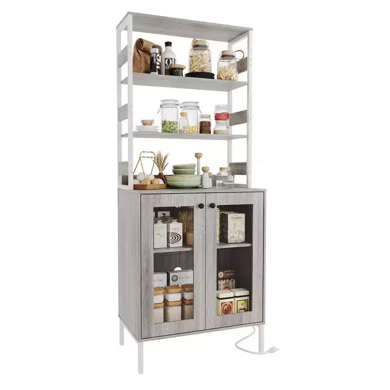 66.9 Meuble de cuisine avec prise, armoire de rangement de garde-manger avec lumières LED, desserte de bar avec porte vitrée pour salle à manger, salon