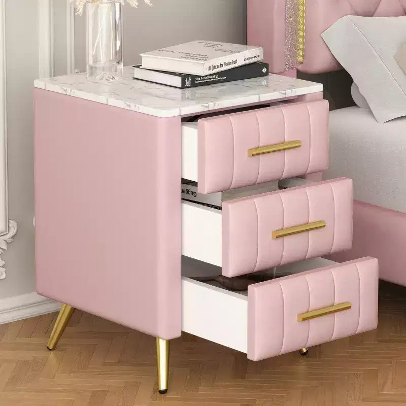 Tables de Chevet Rembourrées Modernes avec Tiroir, Plateau en Faux Marbre et Pieds en Métal Doré, Tables d'Appoint Élégantes pour Chambre à Coucher ou Côté Canapé