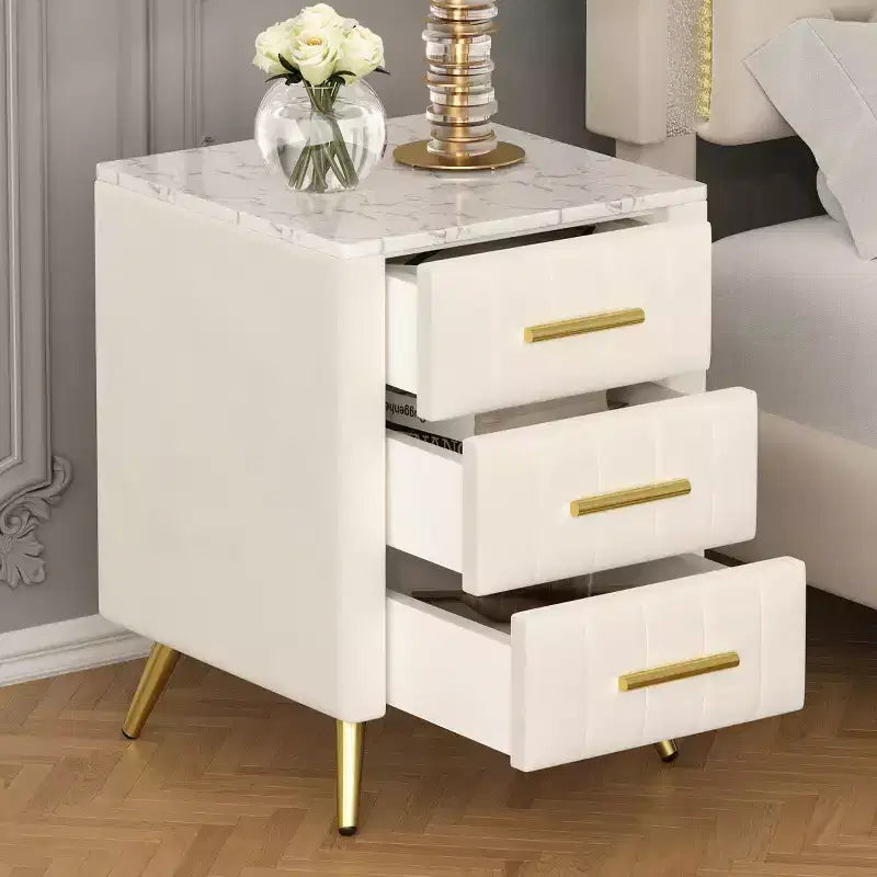 Tables de Chevet Rembourrées Modernes avec Tiroir, Plateau en Faux Marbre et Pieds en Métal Doré, Tables d'Appoint Élégantes pour Chambre à Coucher ou Côté Canapé