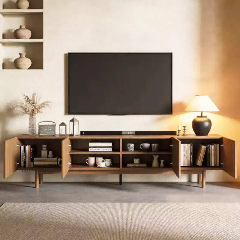Meuble TV en bois extra long de 86,6 po pour téléviseur de 90 po, console média à lattes, centre de divertissement avec étagères amovibles, noyer Gaoyangjiaju