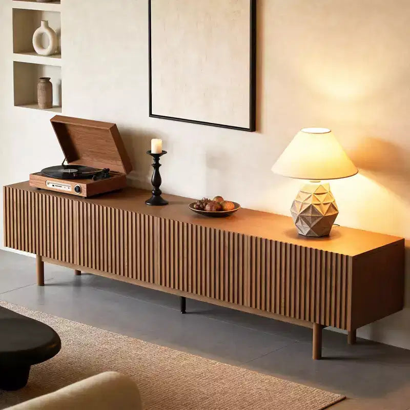 Meuble TV en bois extra long de 86,6 po pour téléviseur de 90 po, console média à lattes, centre de divertissement avec étagères amovibles, noyer Gaoyangjiaju