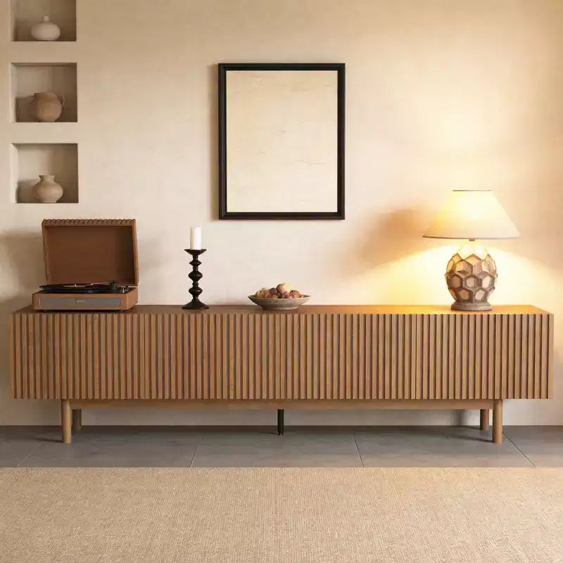 Meuble TV en bois extra long de 86,6 po pour téléviseur de 90 po, console média à lattes, centre de divertissement avec étagères amovibles, noyer Gaoyangjiaju