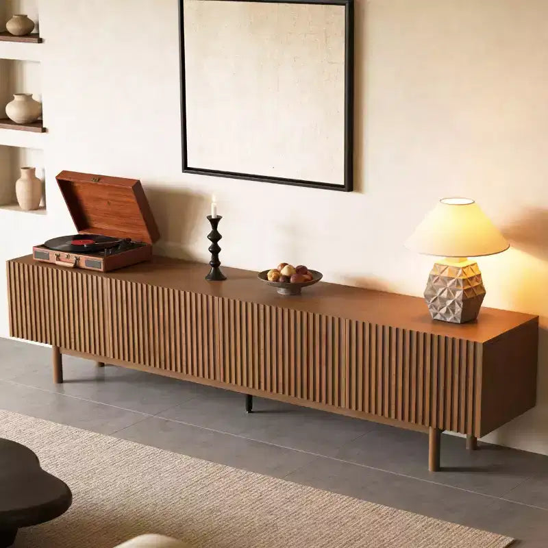 Meuble TV en bois extra long de 86,6 po pour téléviseur de 90 po, console média à lattes, centre de divertissement avec étagères amovibles, noyer Gaoyangjiaju