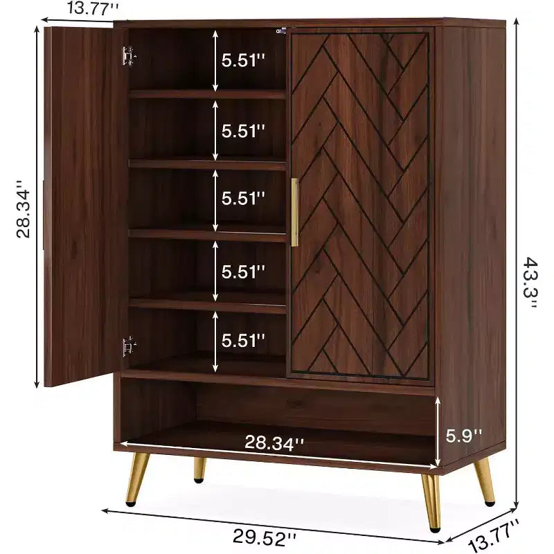 Meuble à chaussures d'entrée 6 niveaux avec portes pour 24 paires, rangement en bois avec étagères réglables et pieds dorés pour salon, chambre, noyer