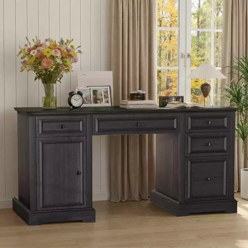 Dyonery 60 Farmhouse Executive Desk for Home Office - Wooden Writing Desk with Drawers, Cabinet Storage,Rustic Home Office Desk for Work Study