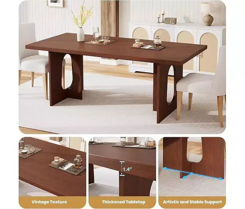 Longue table à manger de 71 po pour 6 à 10 personnes - Table de cuisine avec plateau extra-épais, table rectangulaire pour salle à manger, bureau, noyer